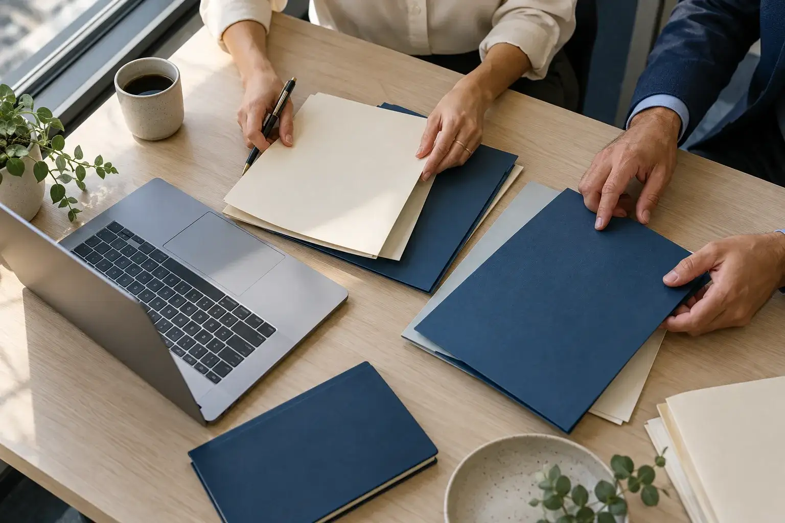 Manos organizan carpetas junto a un computador en un escritorio compartido.