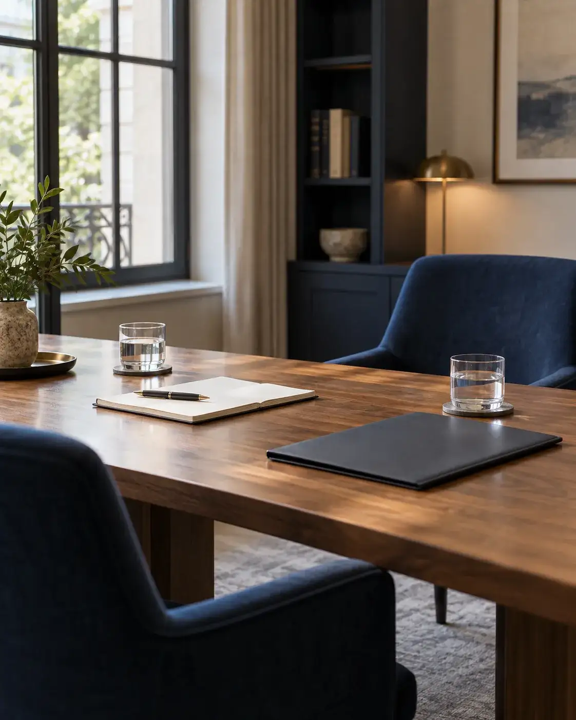 Sala de reuniones con mesa de madera, carpetas y sillones, sin personas.