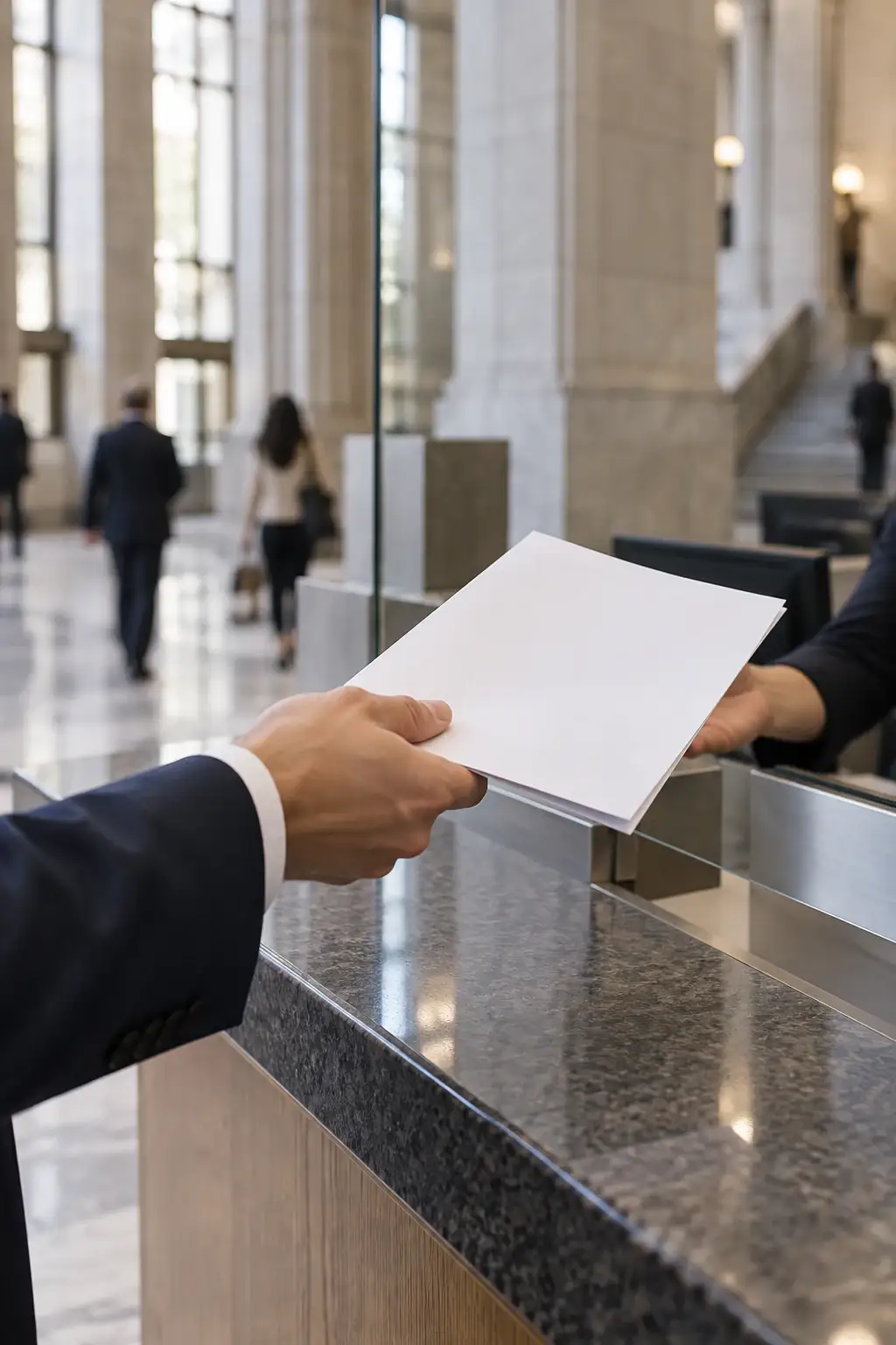 Dos personas intercambian un documento sin texto visible en un mesón institucional.