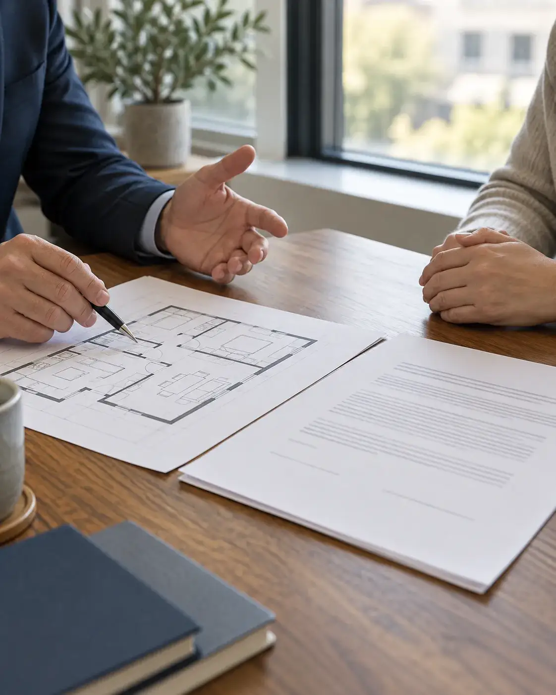 Dos personas revisan un plano y un documento sin texto legible.