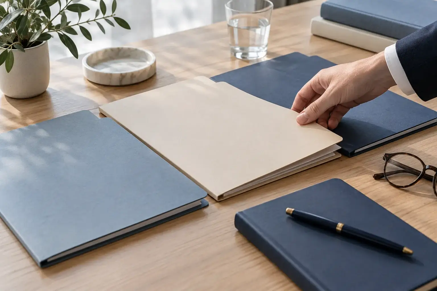 Carpetas y un cuaderno sin texto se ordenan sobre una mesa de trabajo.