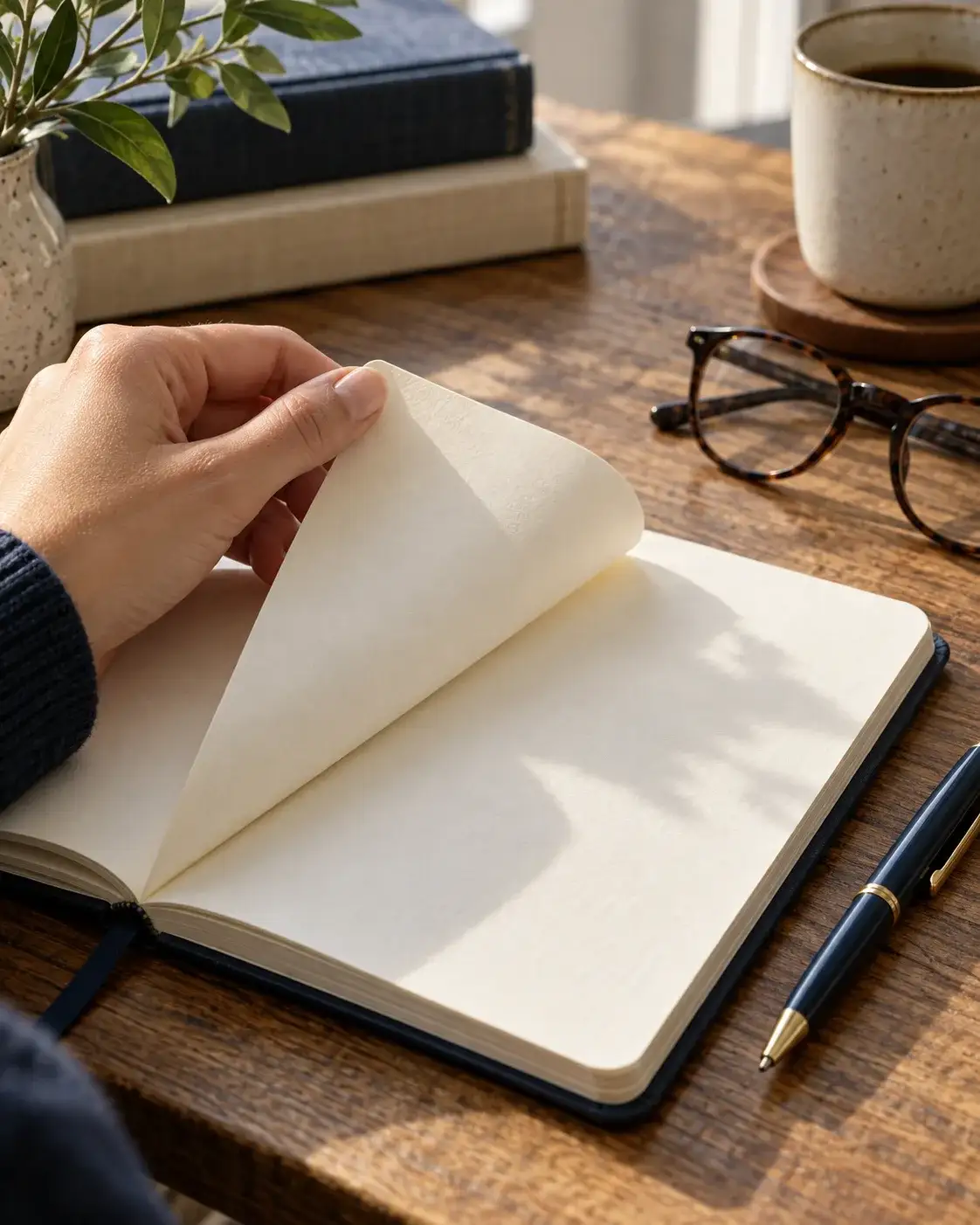 Una mano pasa la hoja de un cuaderno en blanco junto a un lápiz.