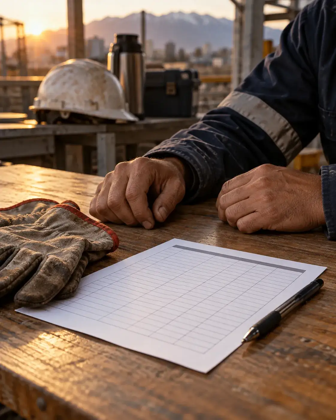 Guantes de trabajo y manos descansan junto a una hoja de turnos y un lápiz.