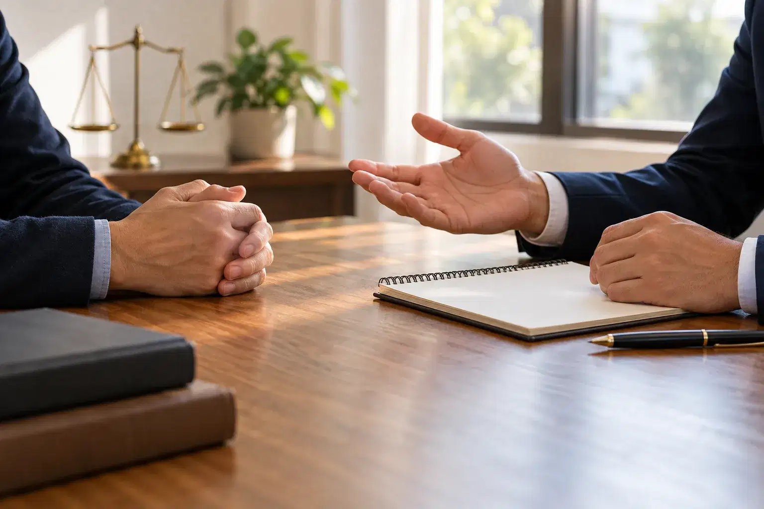 Dos personas conversan alrededor de una mesa; solo se ven sus manos y brazos.